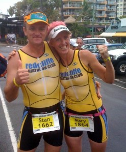 stanmaztri09 Stan Fetting & Mary Jackson celebrate the end of the pain in the recovery area of the Mooloolaba Triathlon